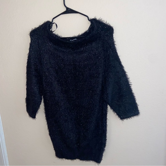 Bebè designer black fur fuzzy coat mini dress longsleeve sparkles cute pull over - Picture 5 of 11